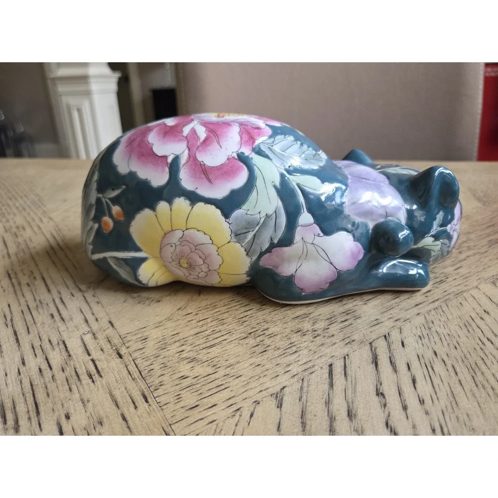 Vintage Hand painted Chinoiserie ceramic sleeping cat figurine with floral motif